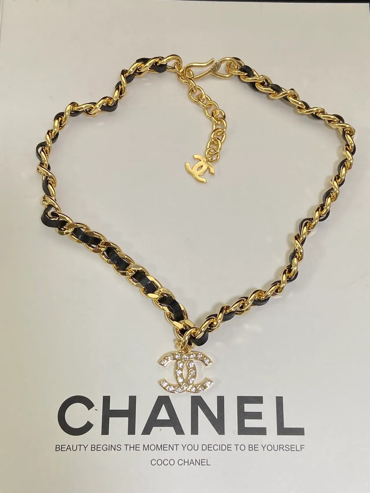 Chanel CC Logo Chain Gold Black Curb Leather Interspacing Necklace 3