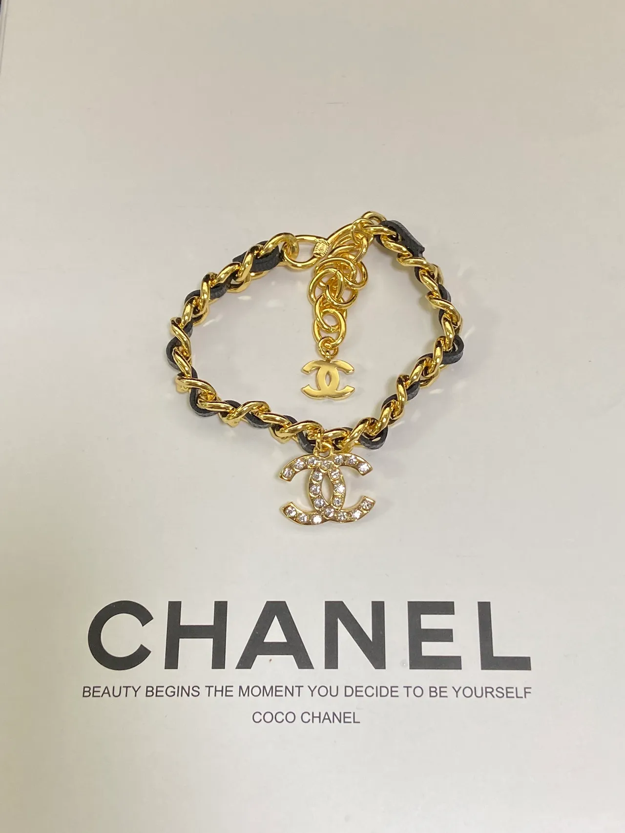 Chanel CC Logo Chain Gold Black Curb Leather Interspacing Necklace 4