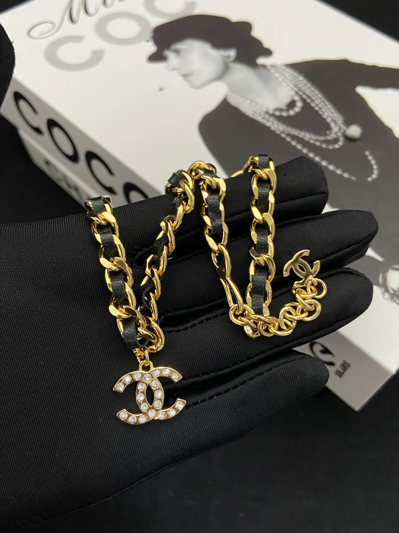 Chanel CC Logo Chain Gold Black Curb Leather Interspacing Necklace 6
