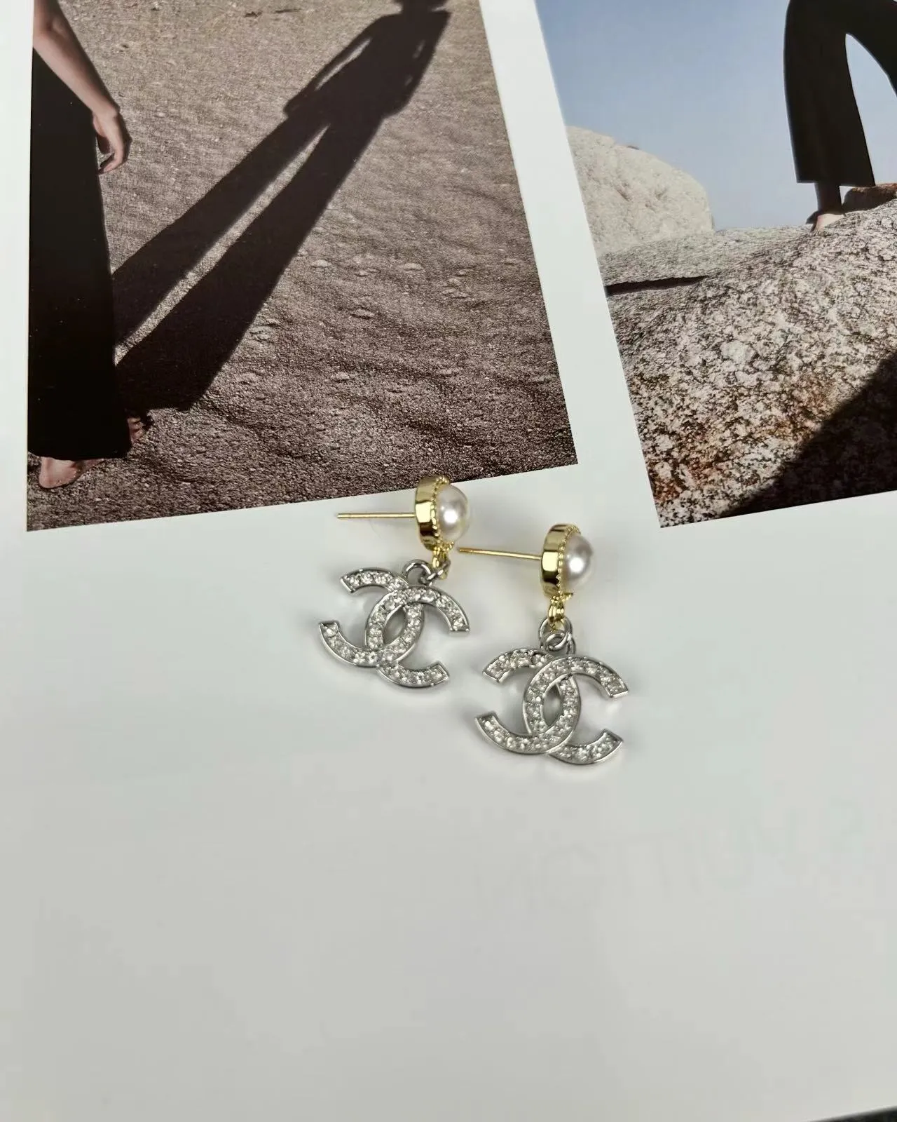 Chanel CC Logo Drop Silver Gold Pearl-Top Crystal-Encrusted Earrings 2