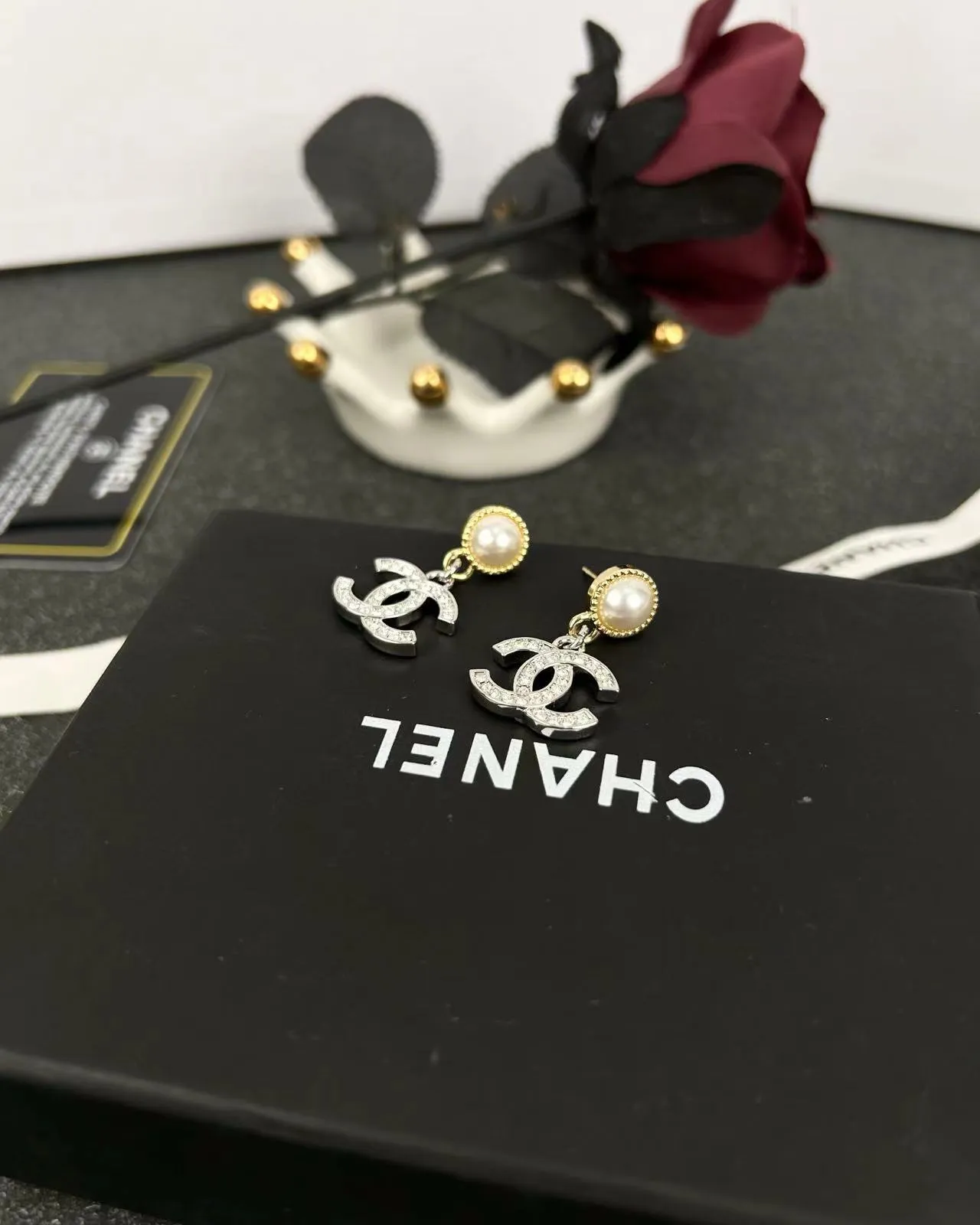 Chanel CC Logo Drop Silver Gold Pearl-Top Crystal-Encrusted Earrings 3