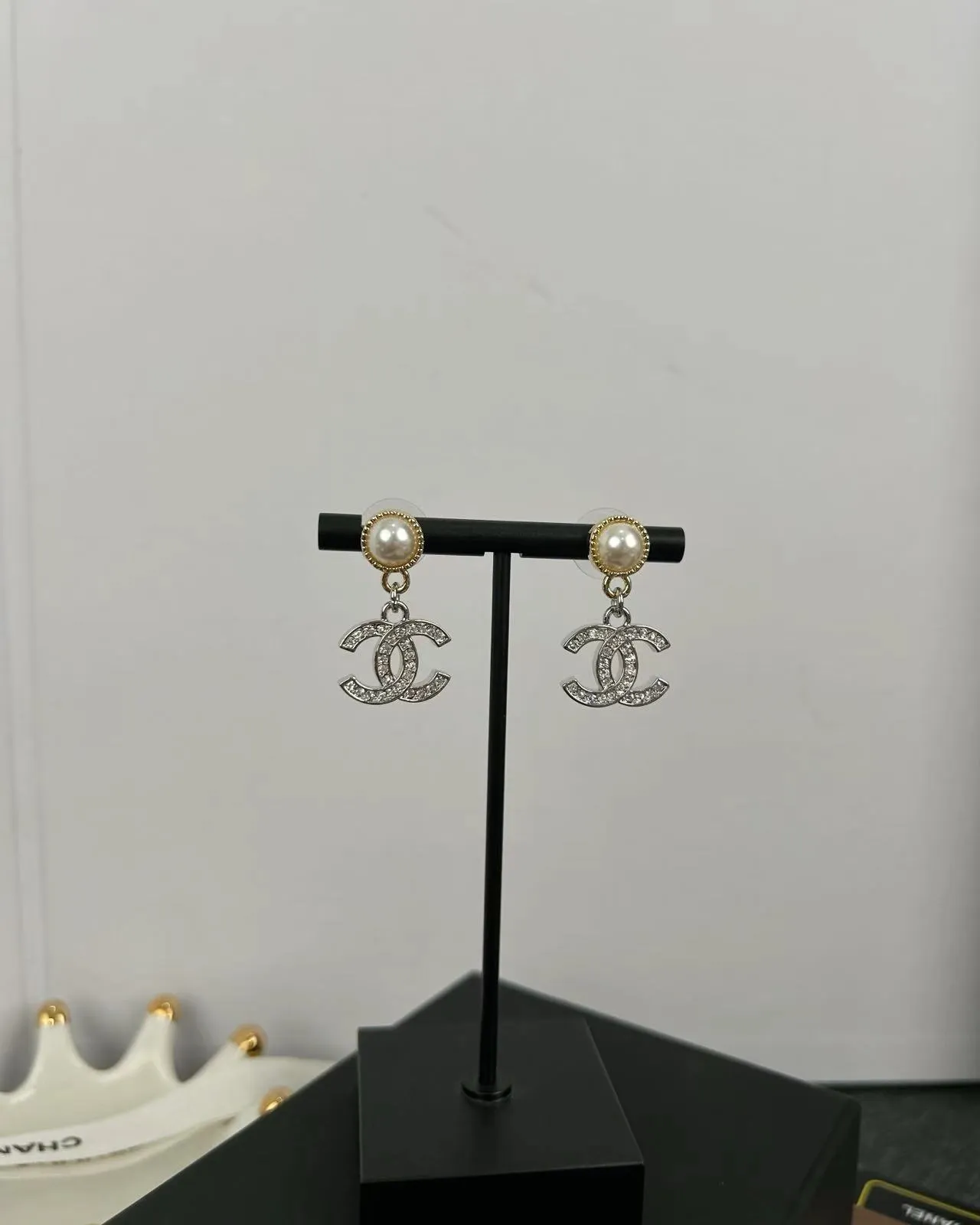 Chanel CC Logo Drop Silver Gold Pearl-Top Crystal-Encrusted Earrings 4