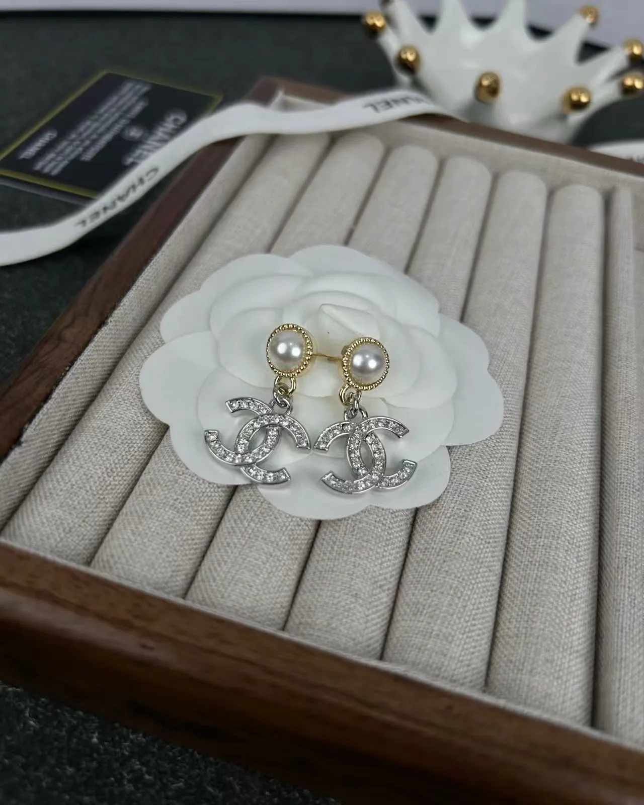 Chanel CC Logo Drop Silver Gold Pearl-Top Crystal-Encrusted Earrings 5