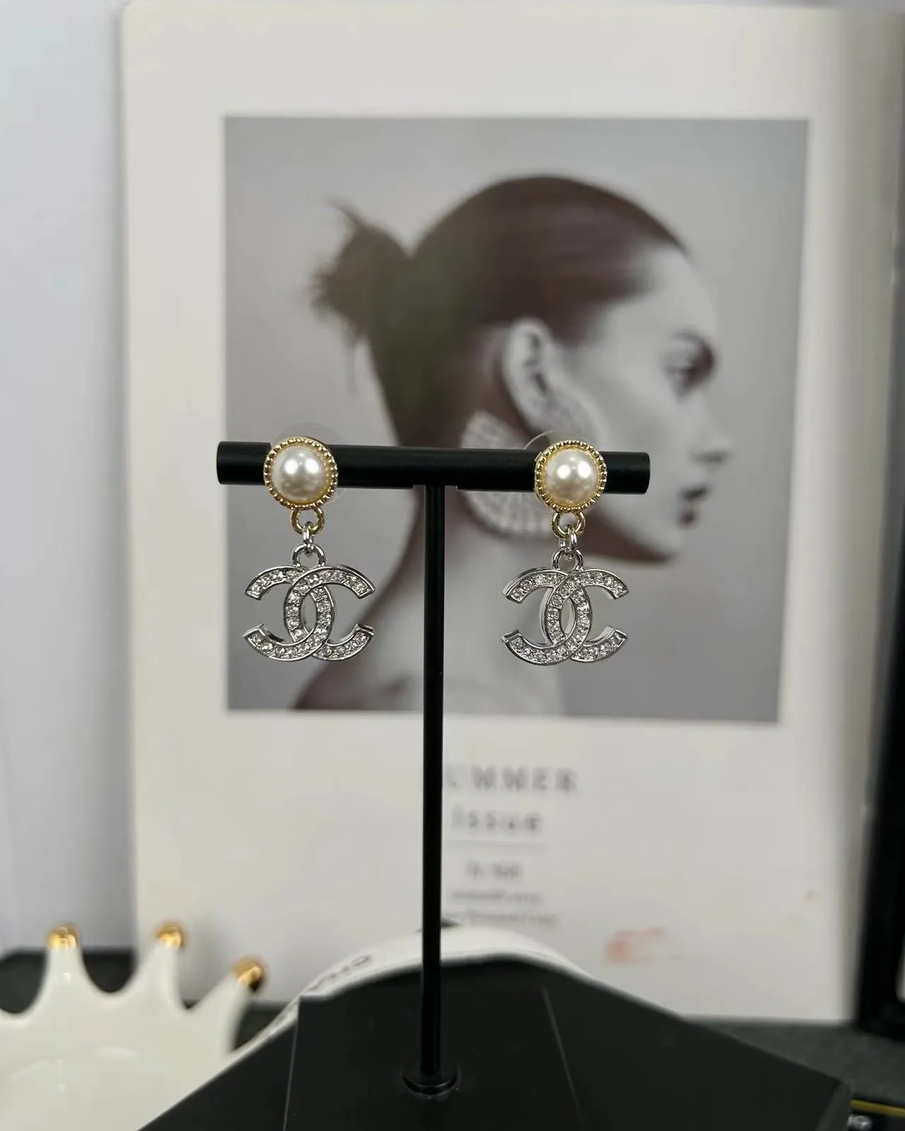 Chanel CC Logo Drop Silver Gold Pearl-Top Crystal-Encrusted Earrings 6
