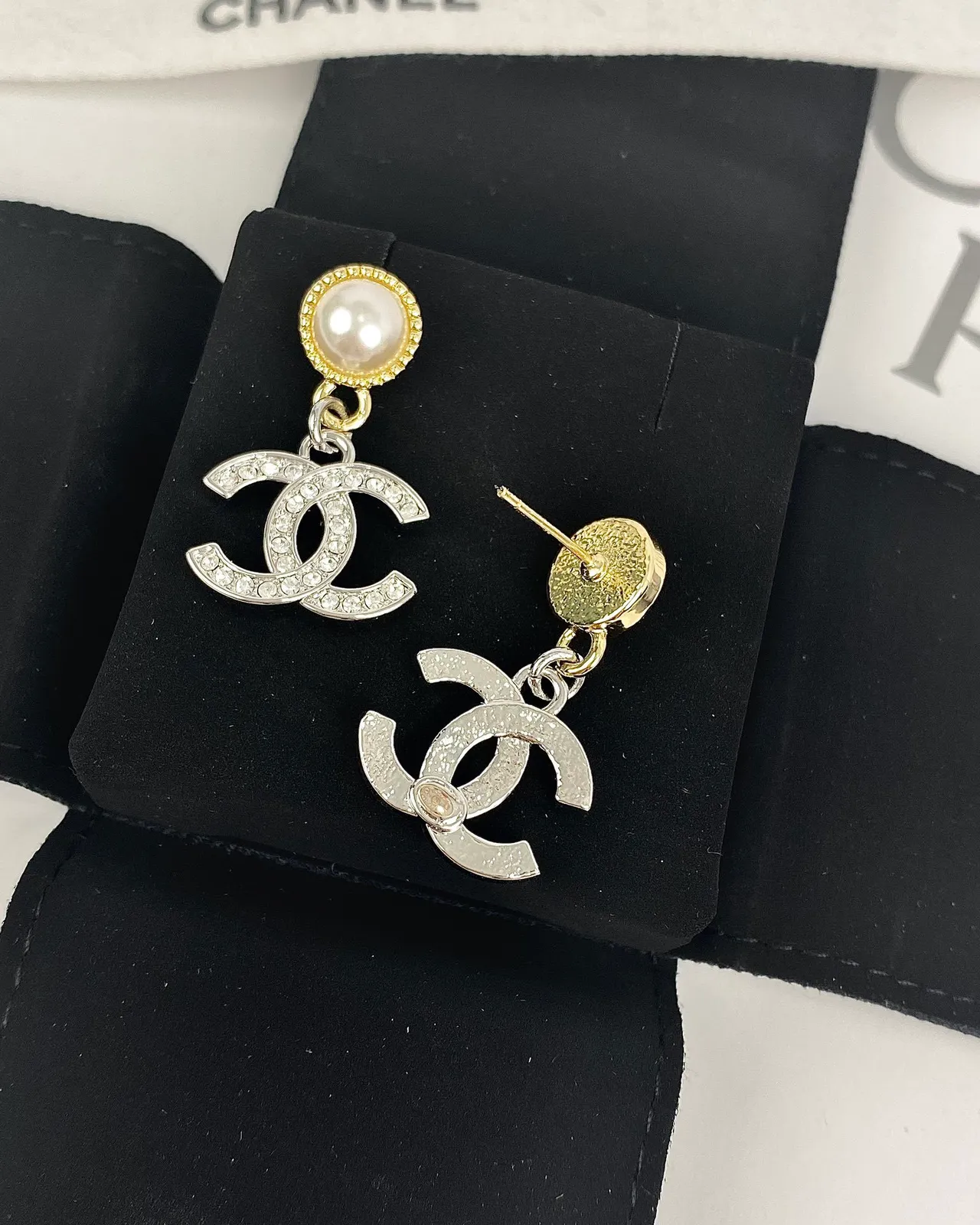 Chanel CC Logo Drop Silver Gold Pearl-Top Crystal-Encrusted Earrings 7