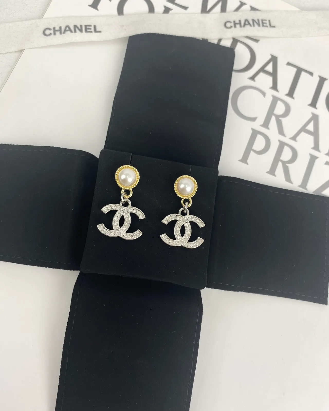 Chanel CC Logo Drop Silver Gold Pearl-Top Crystal-Encrusted Earrings 8