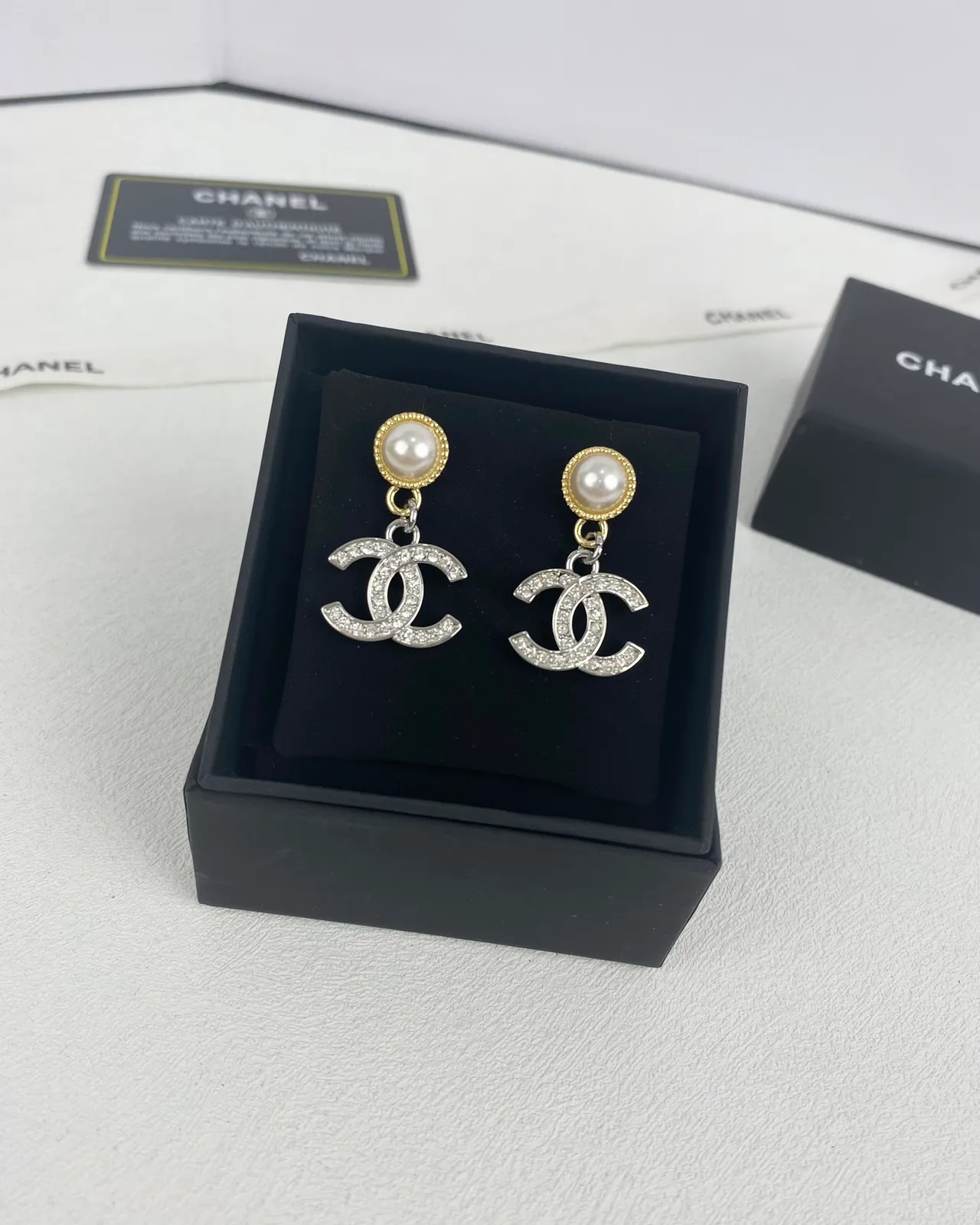 Chanel CC Logo Drop Silver Gold Pearl-Top Crystal-Encrusted Earrings 9