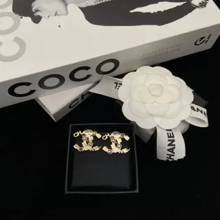 Chanel CC Logo Gold White Metal Interlocking Earrings