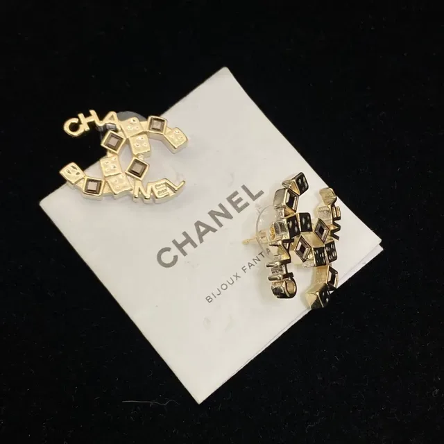 Chanel CC Logo Gold White Metal Interlocking Earrings 4