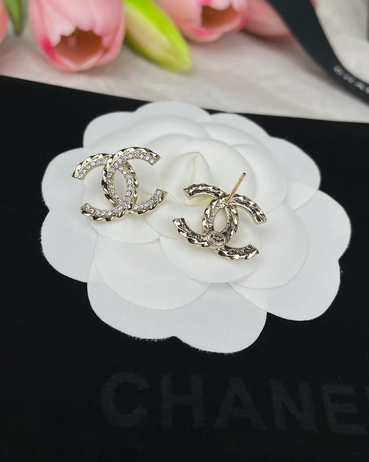 Chanel CC Logo Pavé Gold Silver Interlocking Crystals Earrings 4