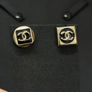 Chanel CC Logo Stud Black Gold Metal Enamel Earrings