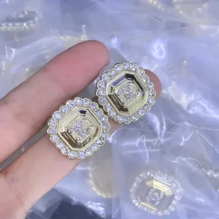 Chanel CC Logo 黄金透明八角形水晶镶嵌耳钉