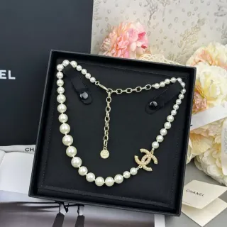 Chanel CC Pearl Necklace White Gold Strand Logo Pendant Necklace