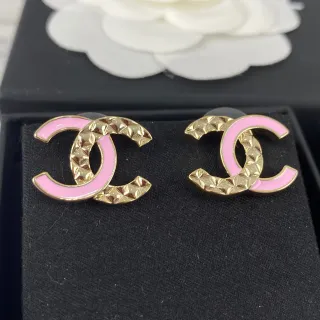 Chanel CC Pink Gold Interlocking Logo Enamel Earrings