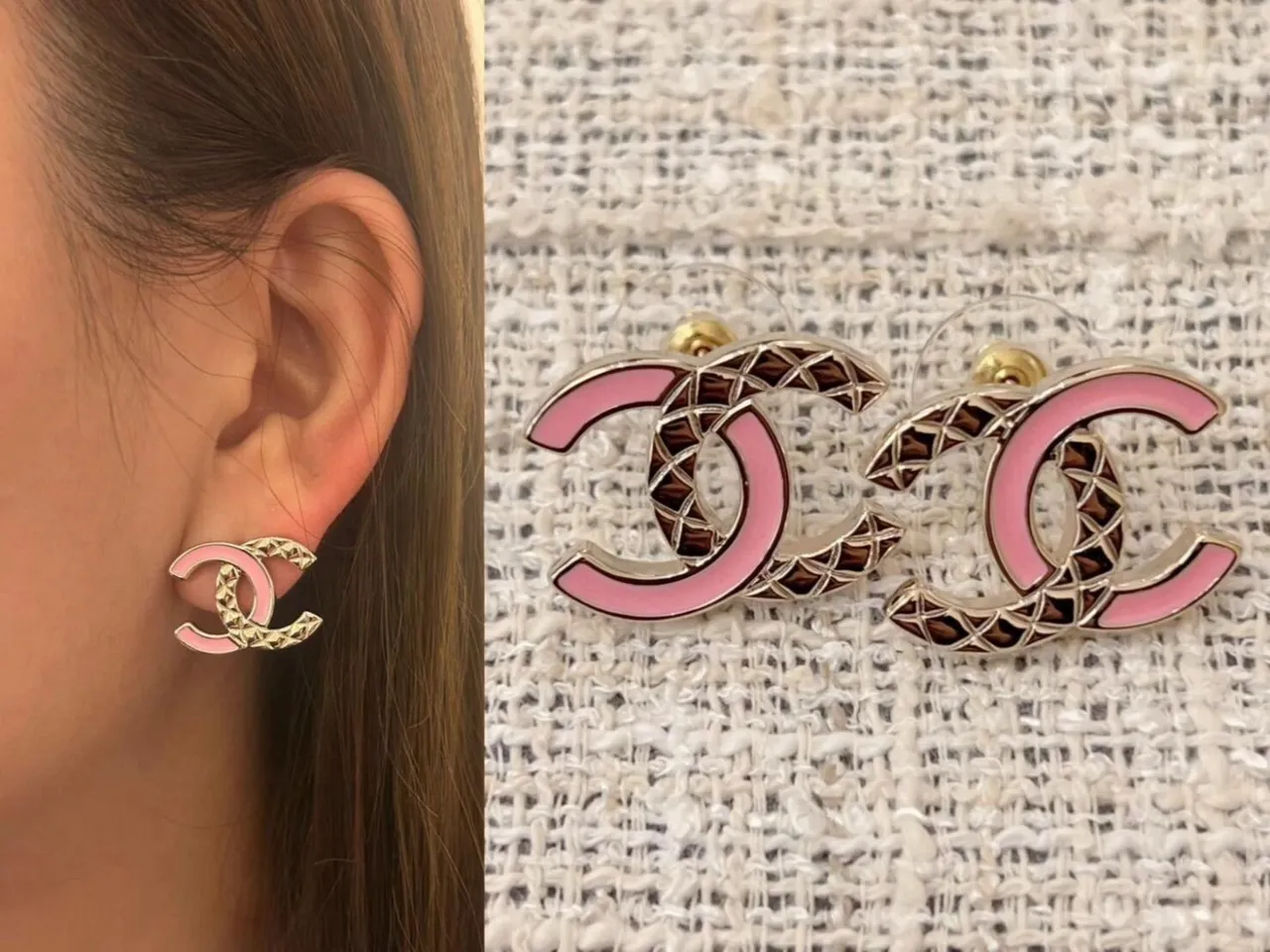 Chanel CC Pink Gold Interlocking Logo Enamel Earrings 4