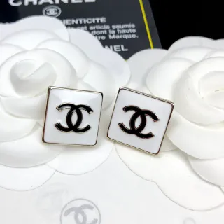 Chanel CC Square White Black Enamel Studs Interlocking Logo Earrings