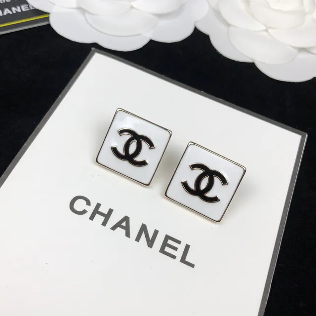 Chanel CC Square White Black Enamel Studs Interlocking Logo Earrings 2