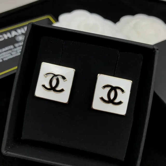 Chanel CC Square White Black Enamel Studs Interlocking Logo Earrings 3
