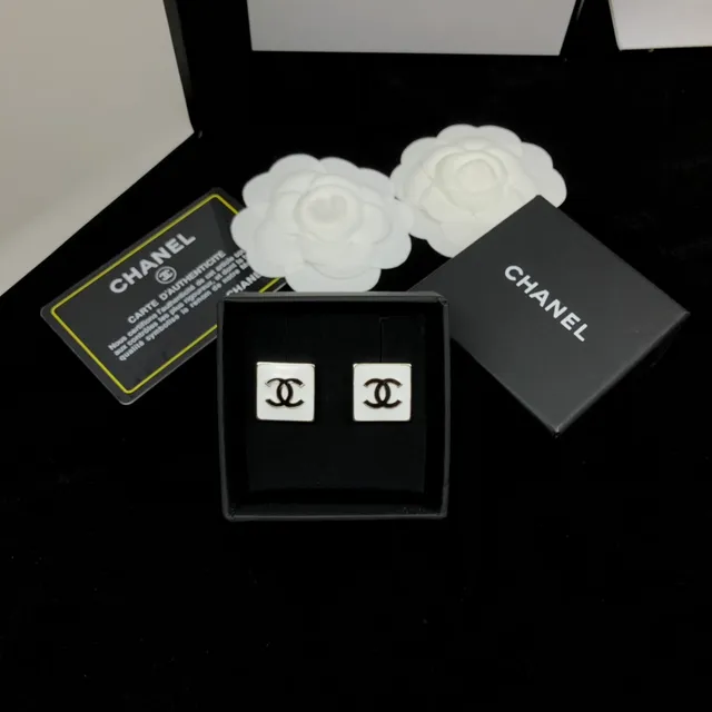 Chanel CC Square White Black Enamel Studs Interlocking Logo Earrings 4