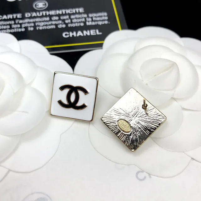 Chanel CC Square White Black Enamel Studs Interlocking Logo Earrings 5