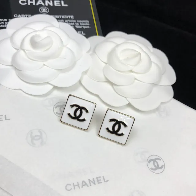 Chanel CC Square White Black Enamel Studs Interlocking Logo Earrings 6