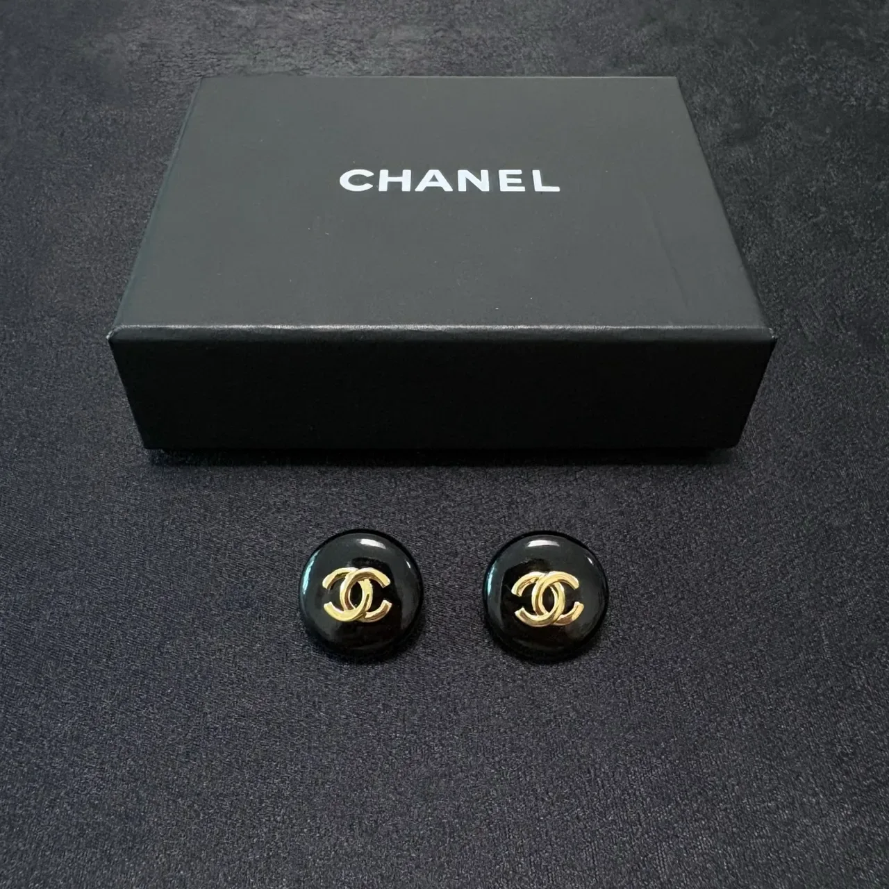 Chanel CC Stud Black Gold Round Enamel Earrings 2