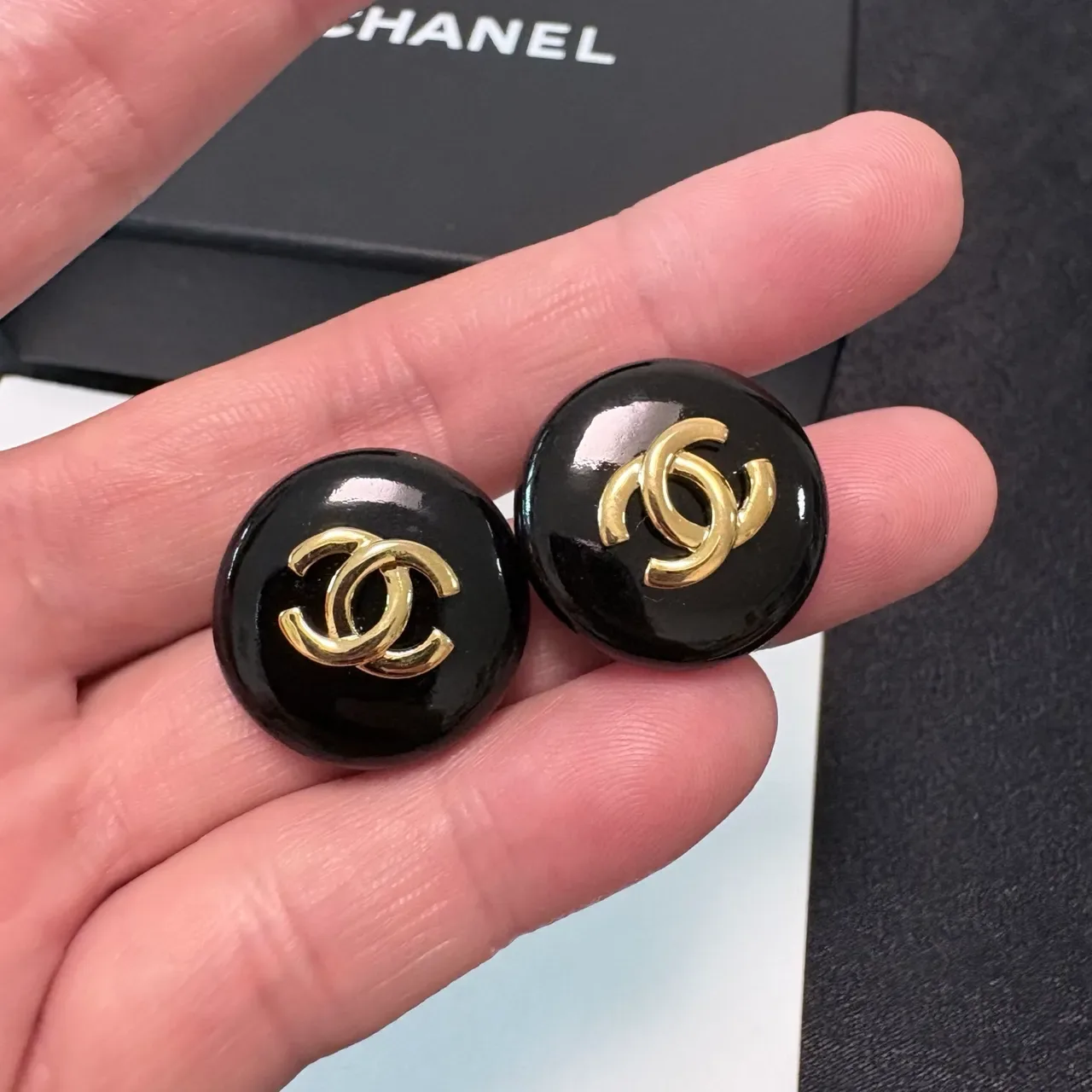 Chanel CC Stud Black Gold Round Enamel Earrings 3