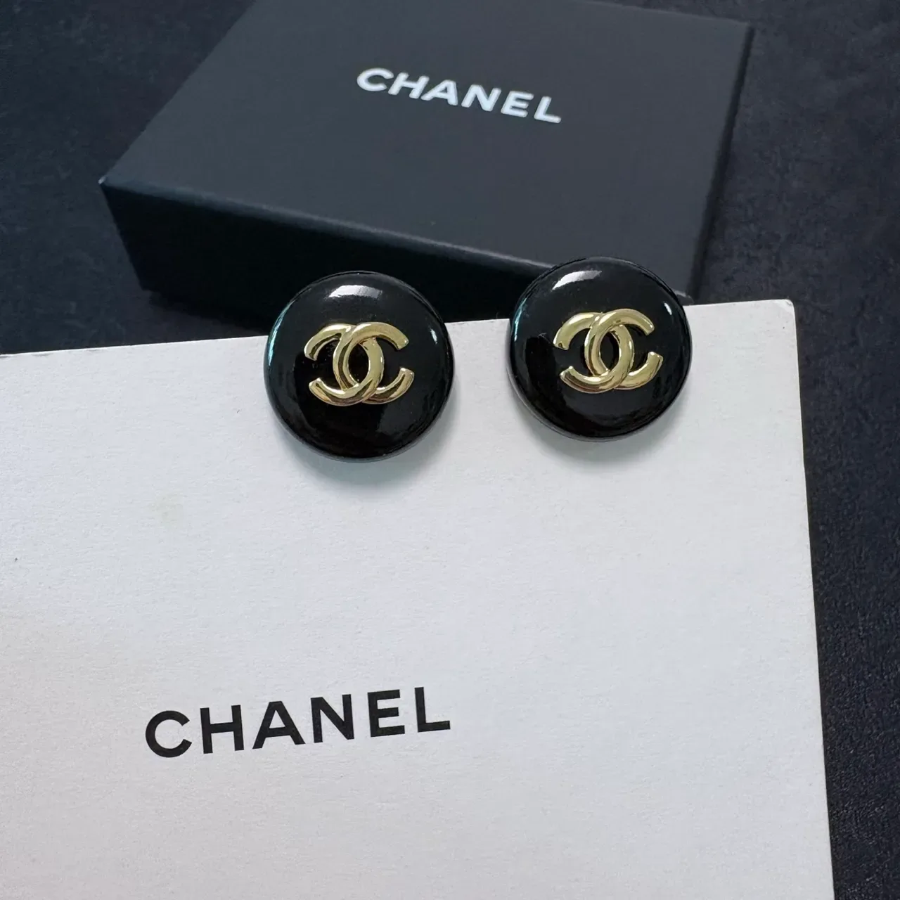 Chanel CC Stud Black Gold Round Enamel Earrings 4