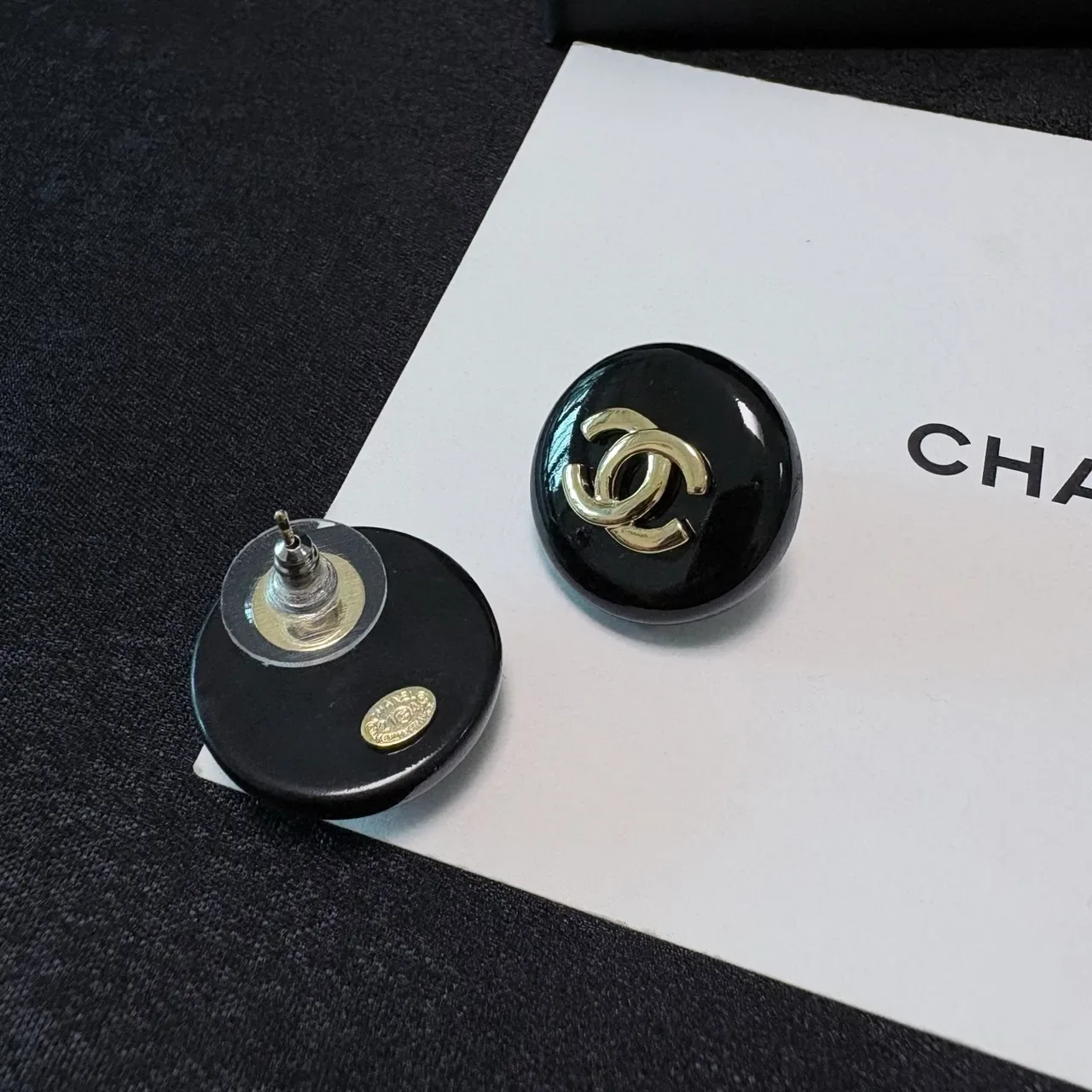 Chanel CC Stud Black Gold Round Enamel Earrings 5