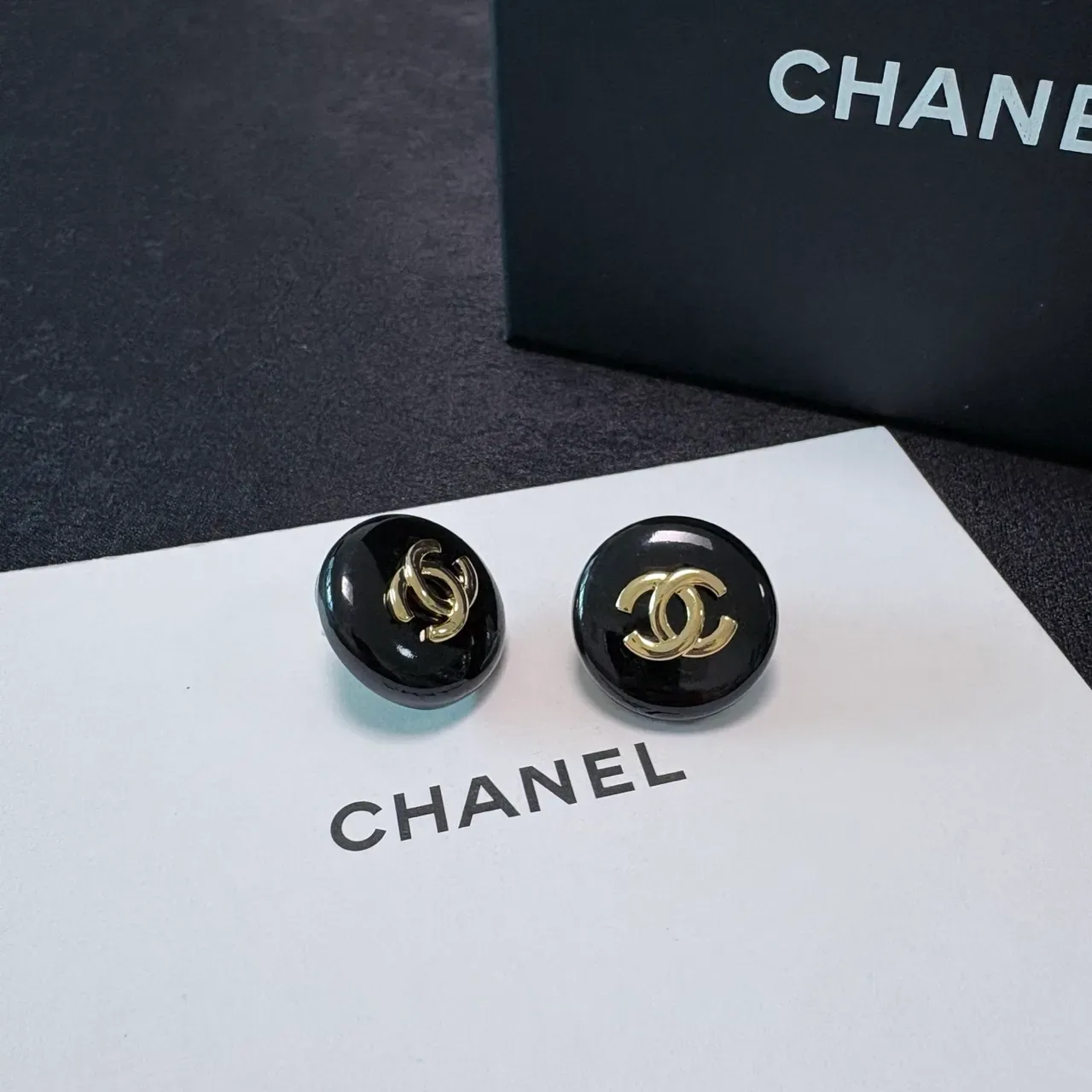 Chanel CC Stud Black Gold Round Enamel Earrings 6