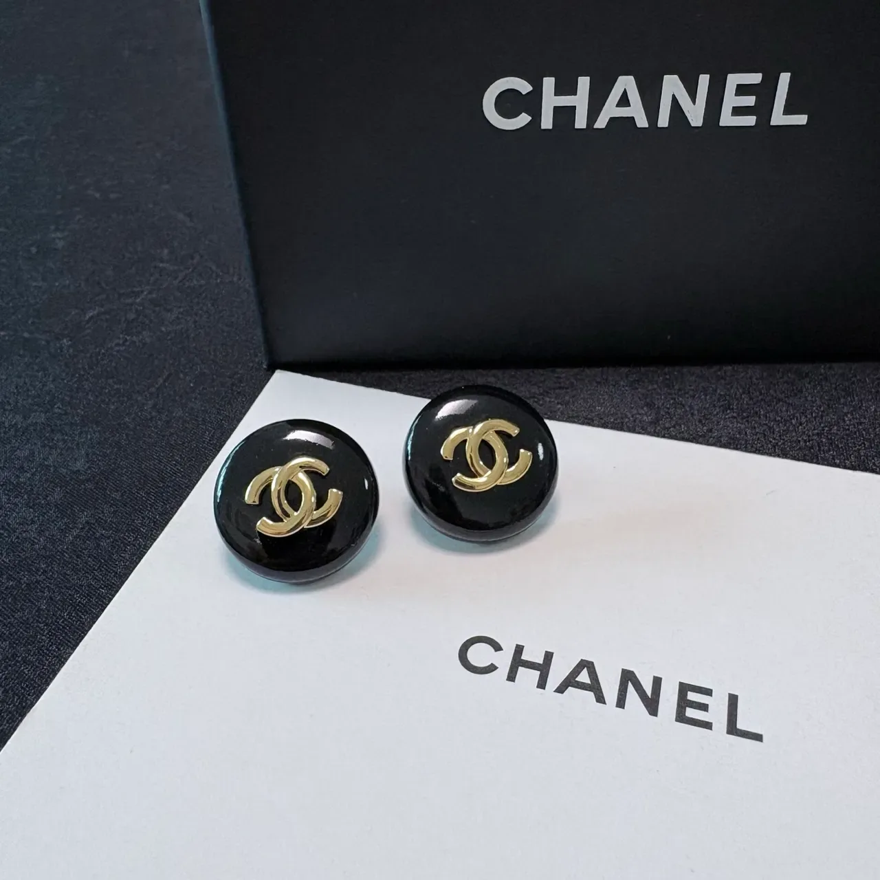 Chanel CC Stud Black Gold Round Enamel Earrings 7