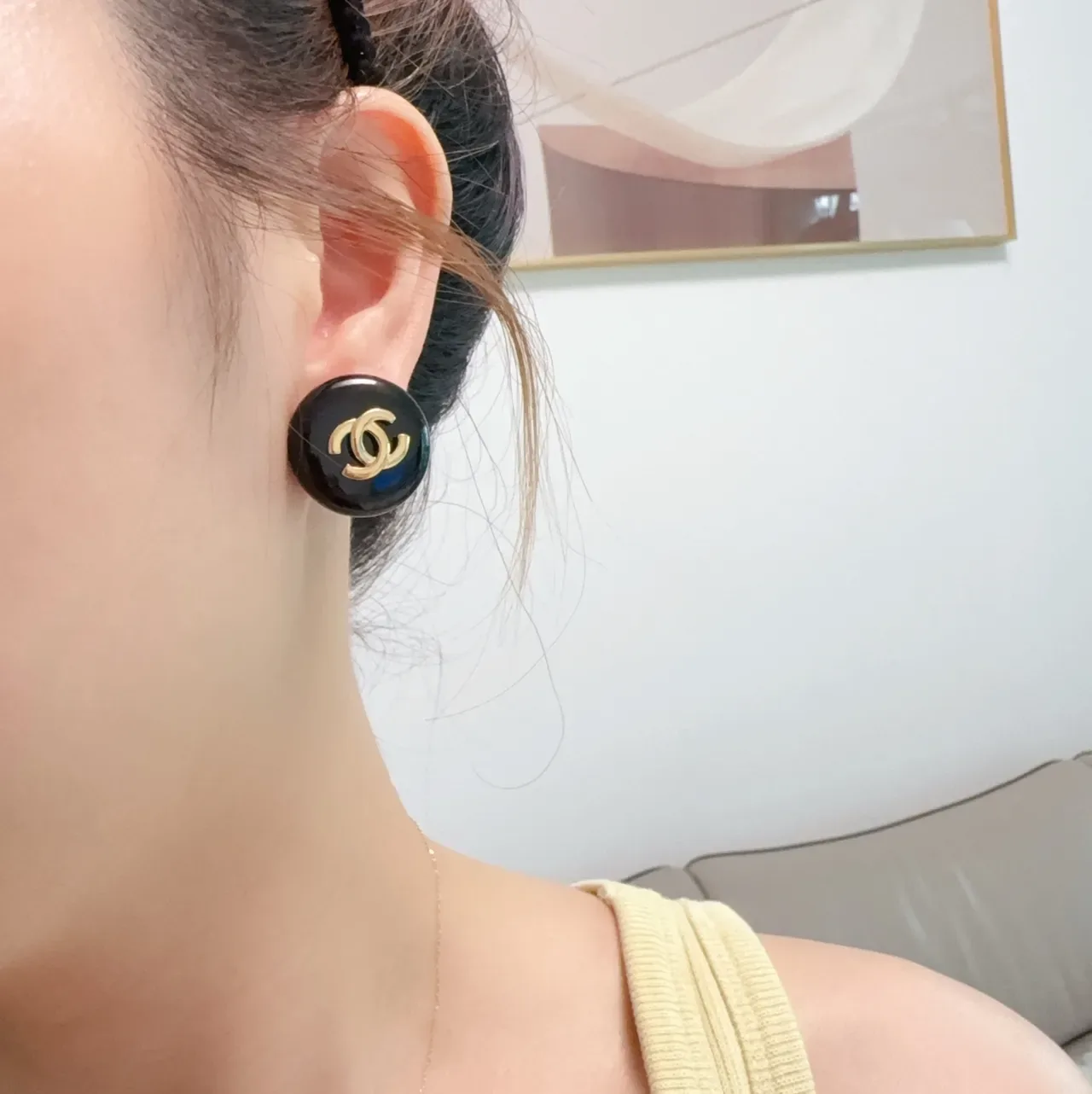 Chanel CC Stud Black Gold Round Enamel Earrings 8