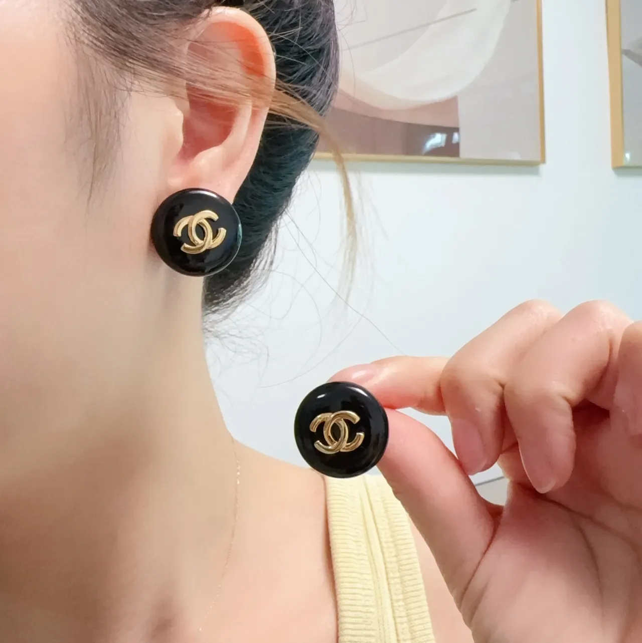 Chanel CC Stud Black Gold Round Enamel Earrings 9