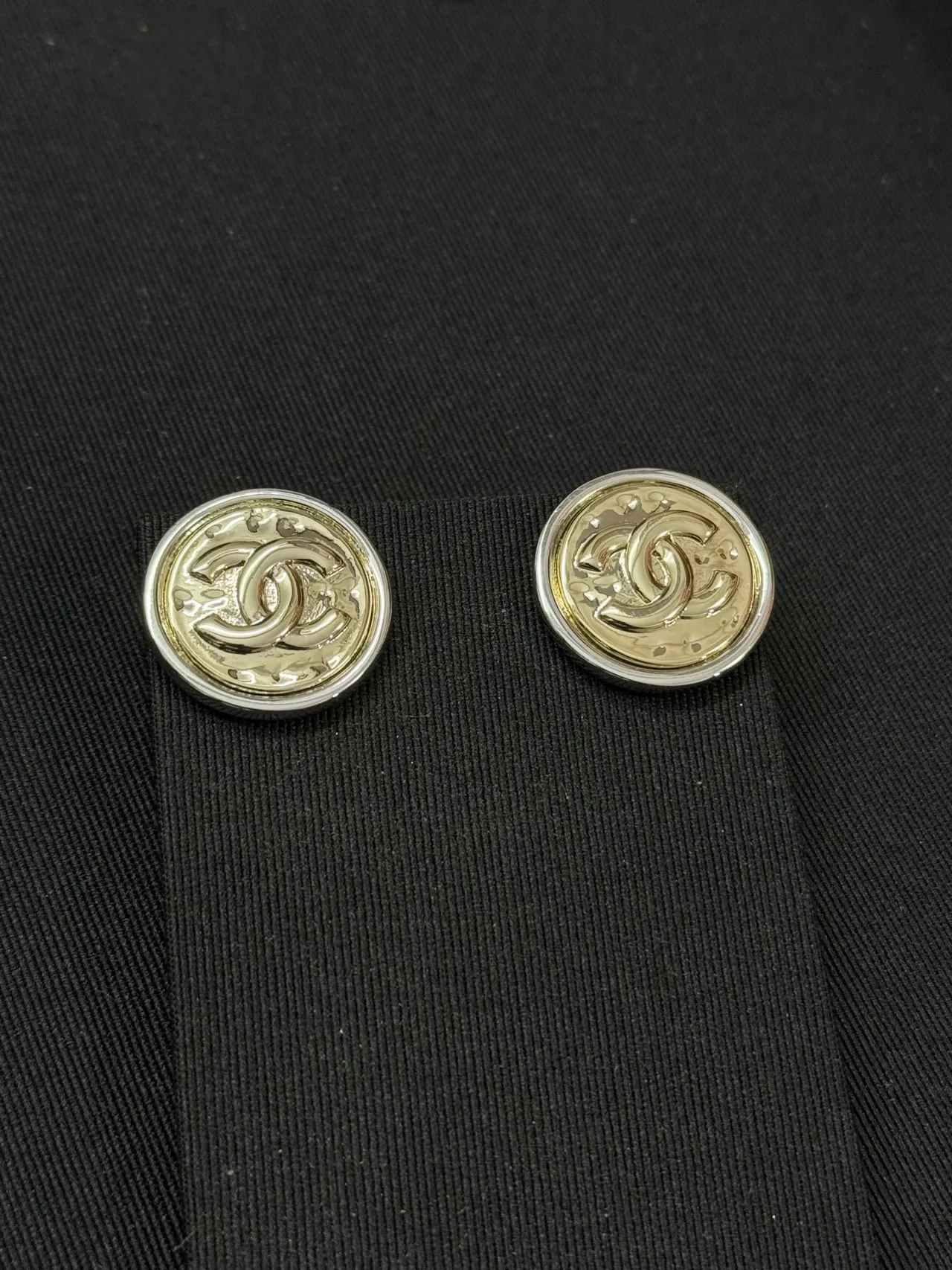 Chanel CC Stud Gold Silver Circular Two-Tone Metal Earrings 2