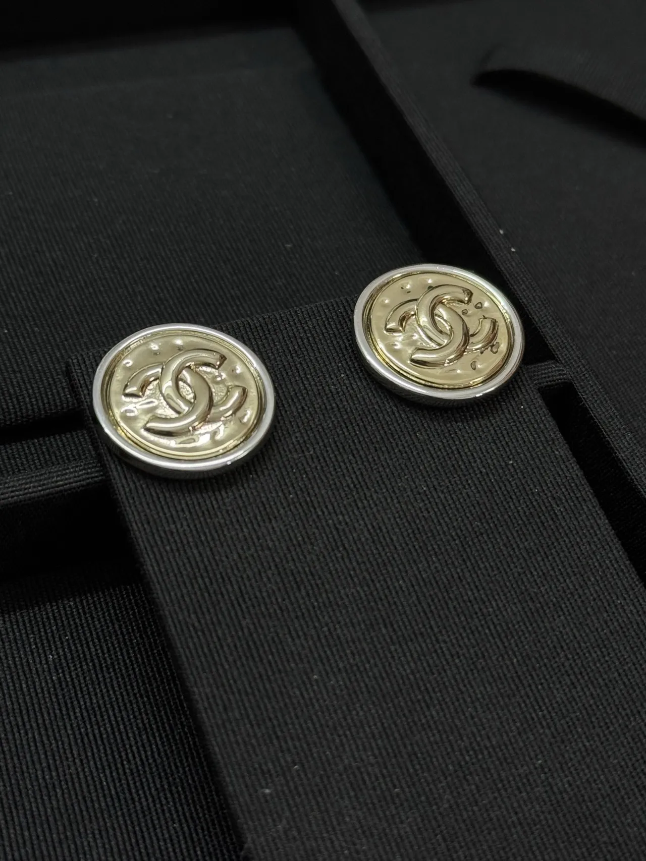 Chanel CC Stud Gold Silver Circular Two-Tone Metal Earrings 3