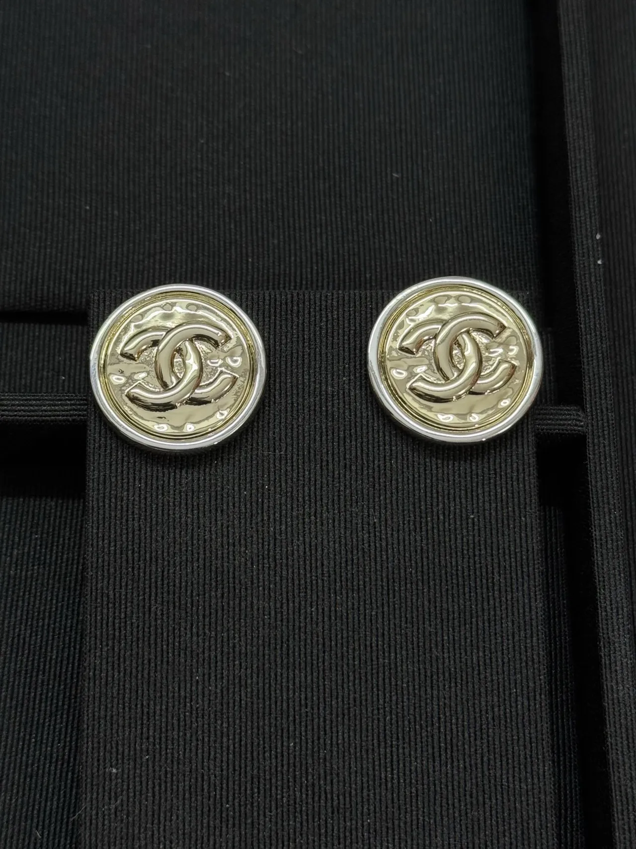 Chanel CC Stud Gold Silver Circular Two-Tone Metal Earrings 4