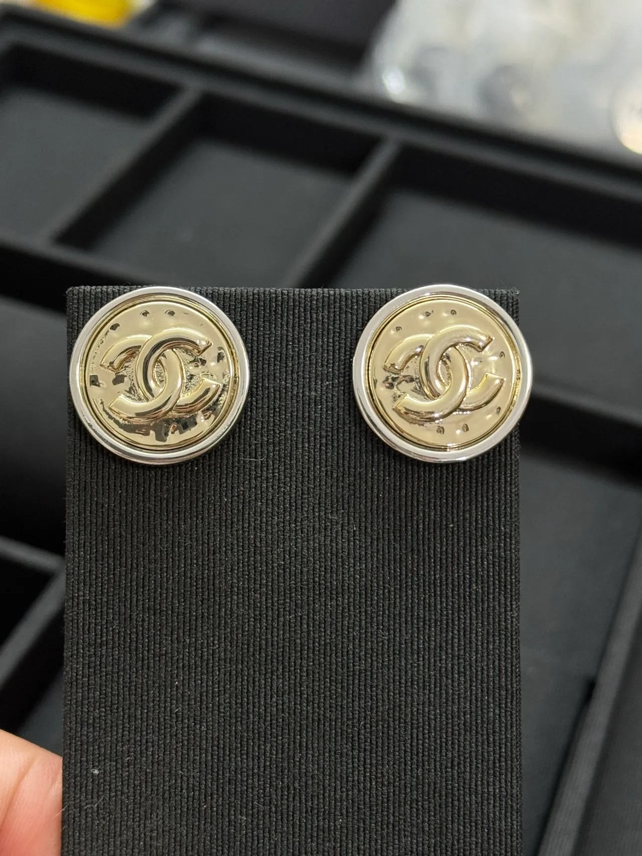 Chanel CC Stud Gold Silver Circular Two-Tone Metal Earrings 5