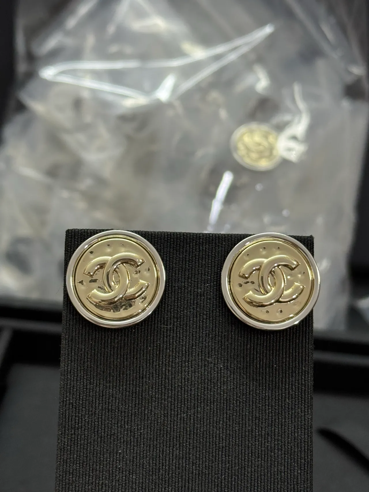 Chanel CC Stud Gold Silver Circular Two-Tone Metal Earrings 6