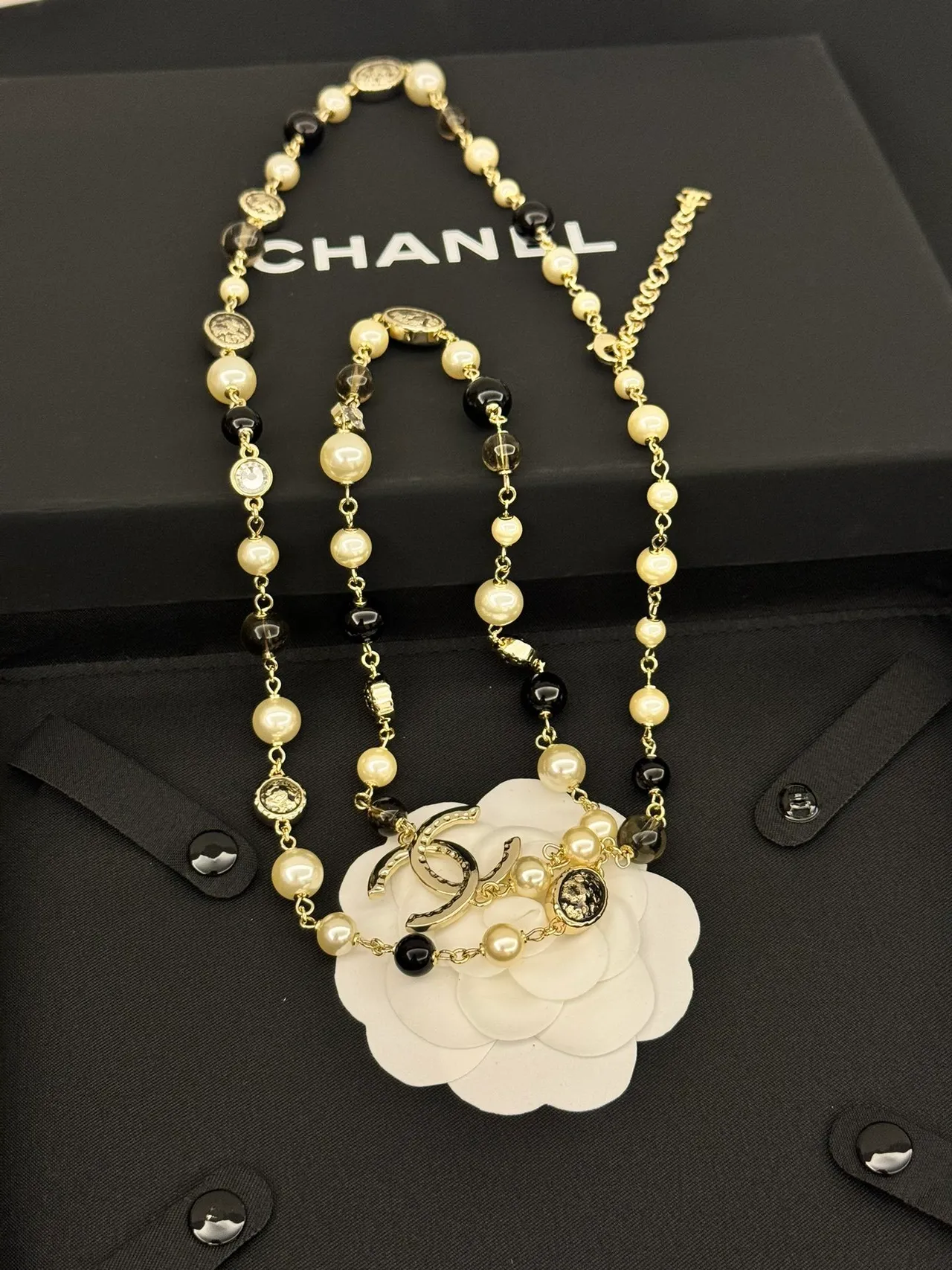 Chanel Classic Chain Necklace Black Gold Beaded CC Clasp Necklace 5