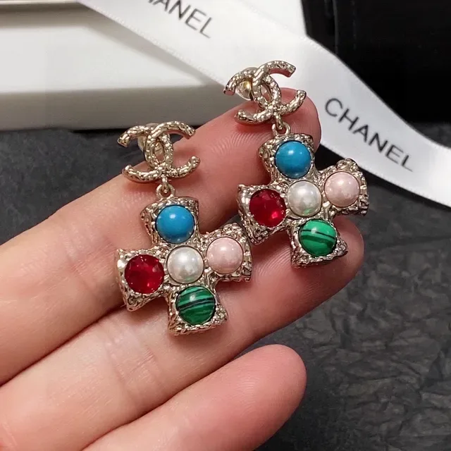 Chanel Cross-Shaped Multi-Gemstone Gold-Tone Earrings 1