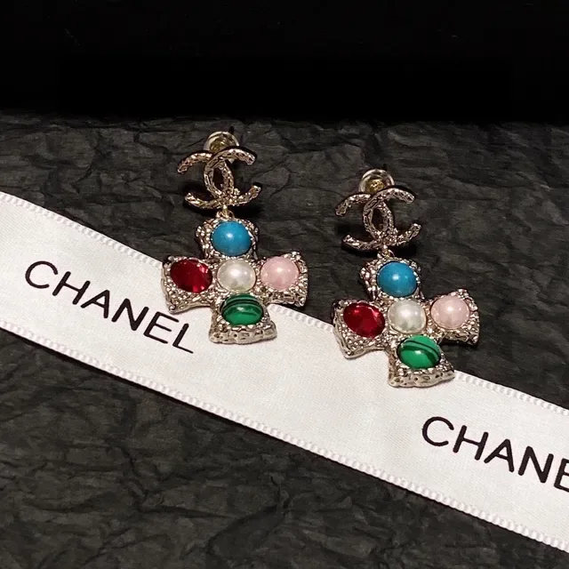 Chanel Cross-Shaped Multi-Gemstone Gold-Tone Earrings 3