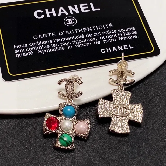 Chanel Cross-Shaped Multi-Gemstone Gold-Tone Earrings 4