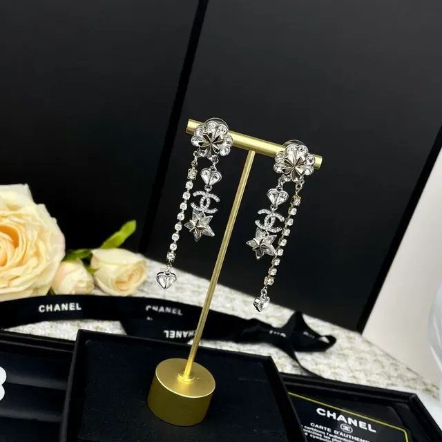 Chanel Crystal Camellia CC Star Heart Dangle Earrings 4