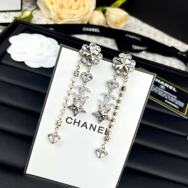 Chanel Crystal Camellia CC Star Heart Dangle Earrings 6