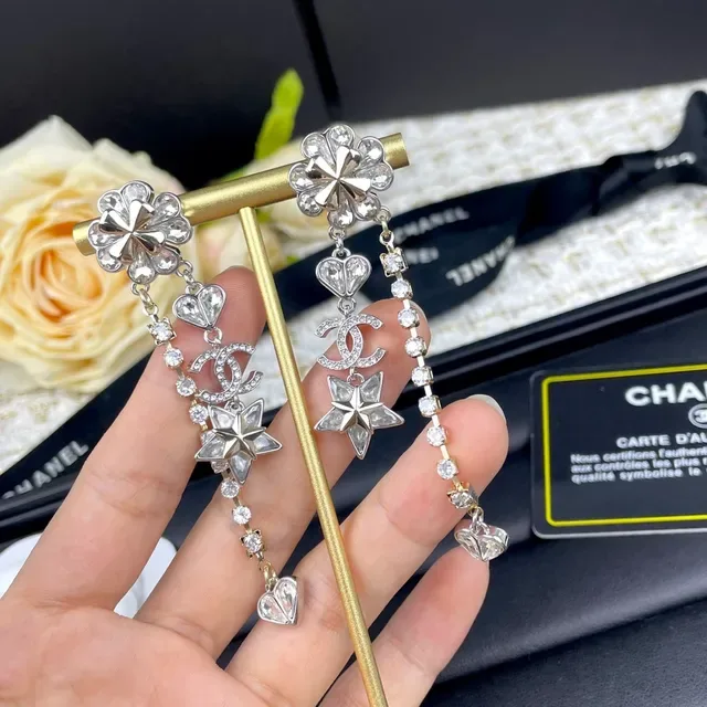 Chanel Crystal Camellia CC Star Heart Dangle Earrings 7