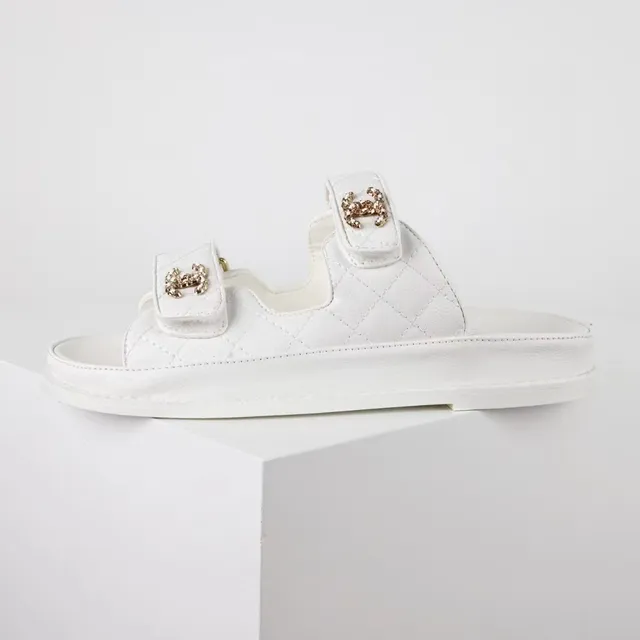 Chanel Double Strap Slide White Quilted Lambskin Slippers 2
