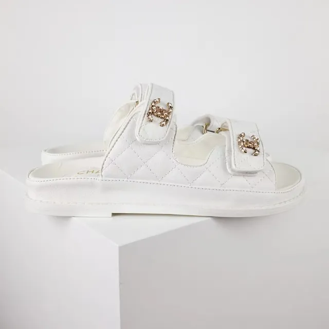 Chanel Double Strap Slide White Quilted Lambskin Slippers 8