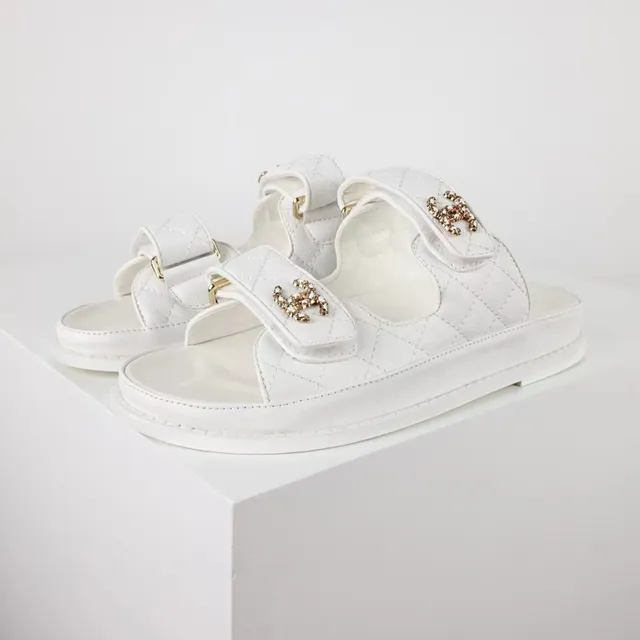 Chanel Double Strap Slide White Quilted Lambskin Slippers 9