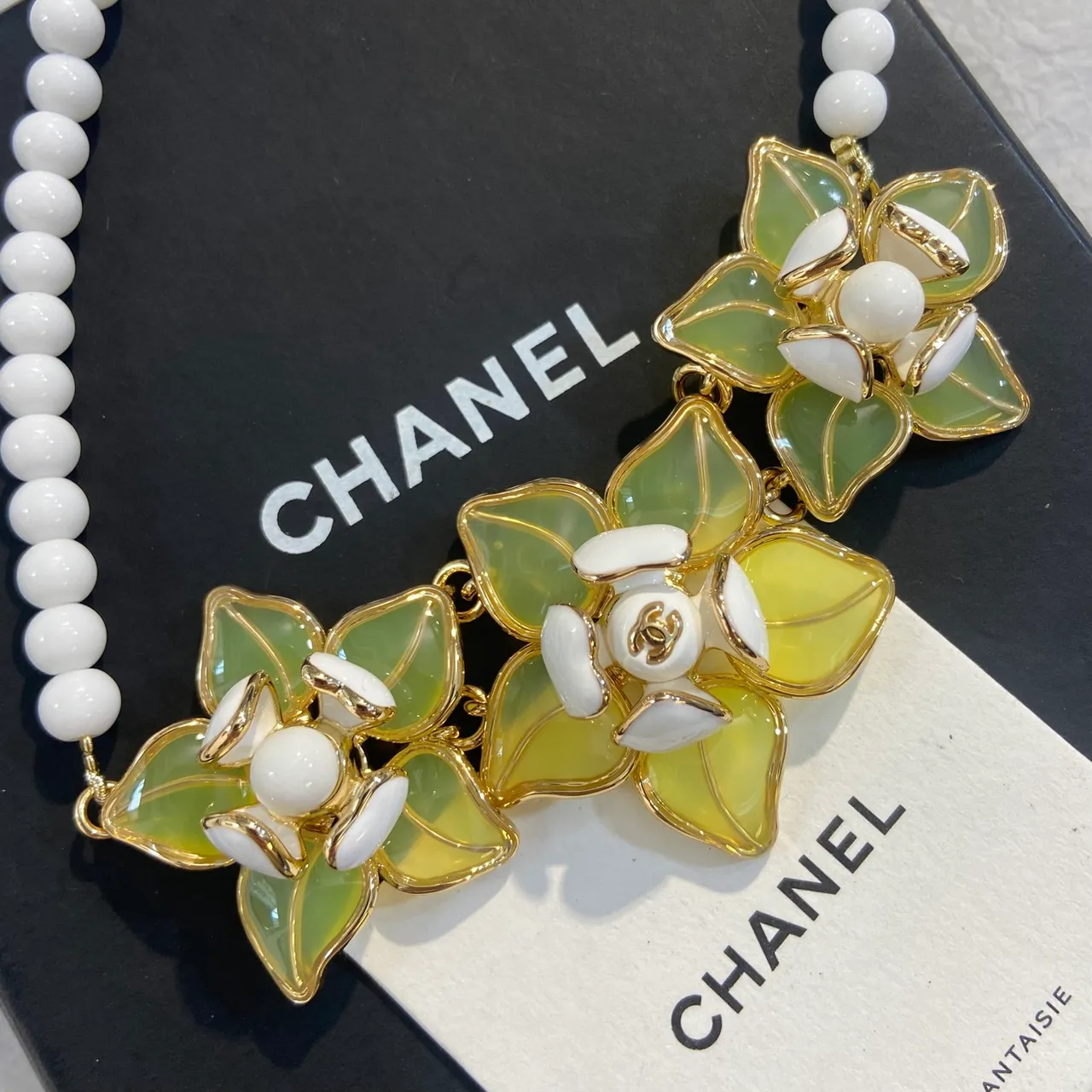 Chanel Floral Bib Necklace White Green Enamel And Pearl Necklace 4
