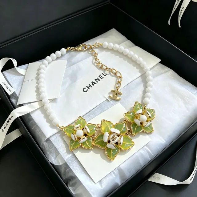 Chanel Floral Bib Necklace White Green Enamel And Pearl Necklace 6